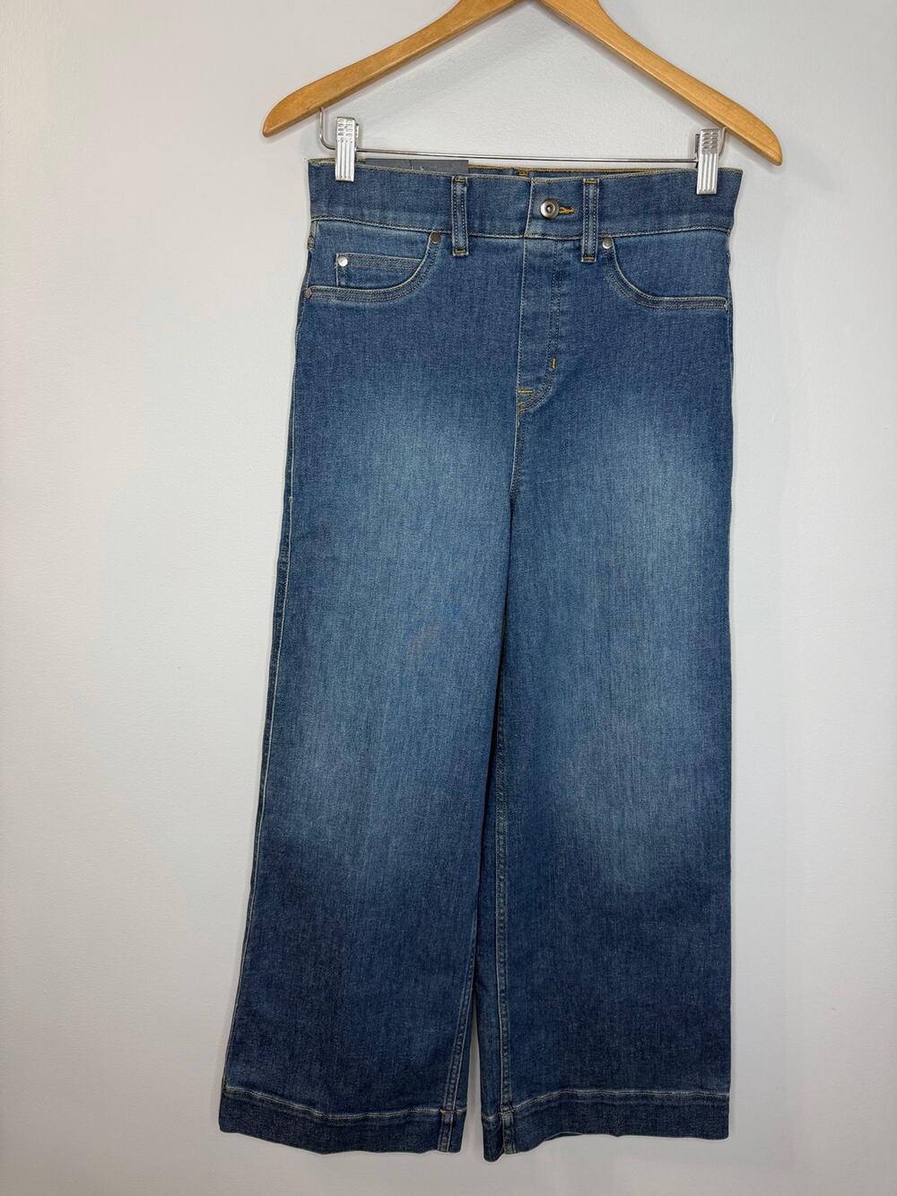 SPANX Womens Cropped Wide Leg Jeans Stretch High Rise Pullon  Blue Sz S New